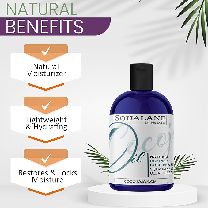 Dr Joe Lab Squalane Oil Pure Plant Derived Refined Cold Pressed Squalene From Olives Vegan Undiluted Bulk Carrier Oil for Face Skin Hair Body Cosmetics Natural Cleanser Moisturizer (4 oz)