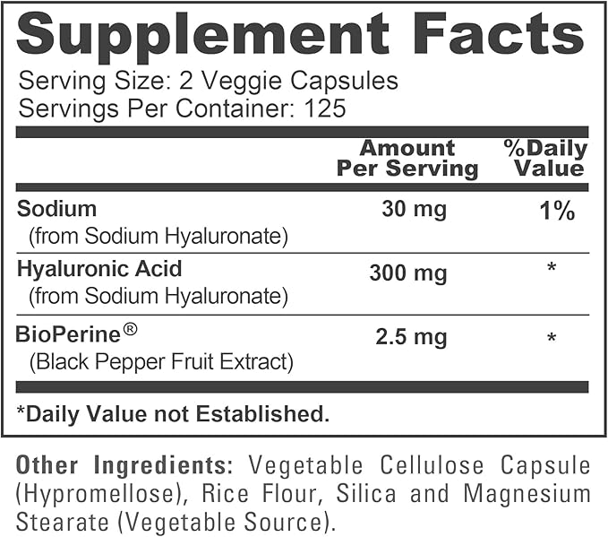 NusaPure Hyaluronic Acid 300mg 250 Veggie Capsules (Non-GMO, Vegan)