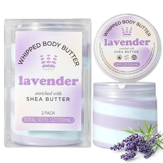 Lavender Whipped Body Butter, Whipped Body Butter for Women, Shea Body Moisturizer for Dry Skin, Gentle Hydration with Long Lasting Moisture-3.4 floz+6.8 floz