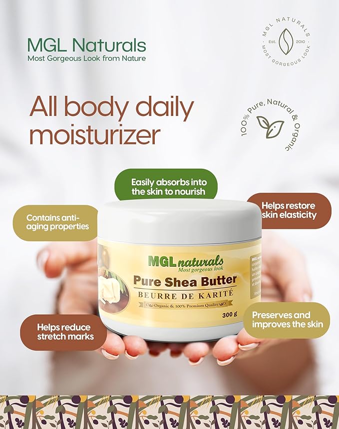 MGL Naturals Unrefined African Shea Butter Ivory whipped, 100% Raw, Organic | Apple and honeysuckle scented. Moisturizing body and hair butter from Ghana. 11 oz / 300g