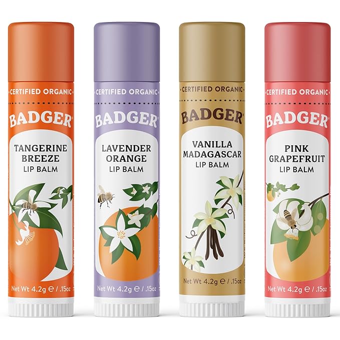 Badger Classic Organic Lip Balm Set - Yellow Box, Light Silky Long Lasting Lip Moisturizer Gift Set, All Natural Lip Balm Variety Pack Lip Set (Tangerine, Lavender Orange, Vanilla, Grapefruit), 4 pack