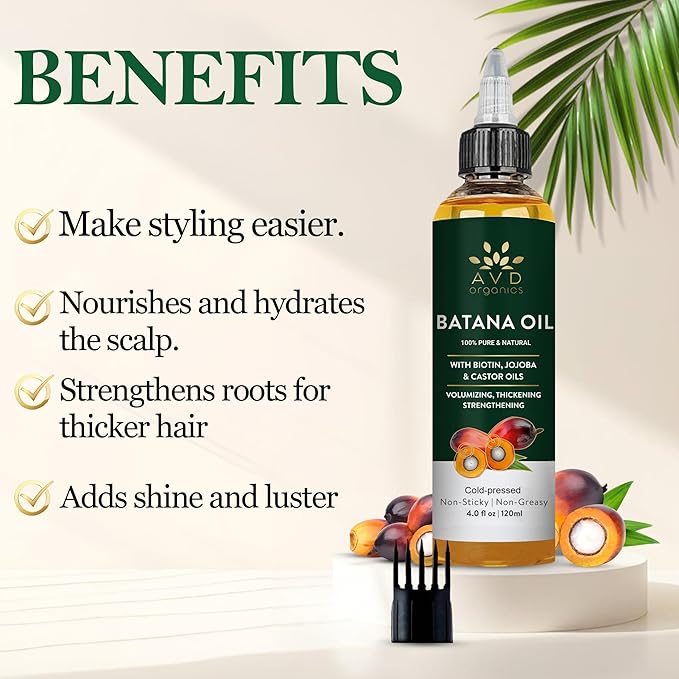 AVD ORGANICS Batana Oil for Hair Growth 4.05 fl oz | Dr Sebi Organic Raw Batana Oil from Honduras | 100% Pure & Natural for Thicker & Stronger Hair | Ideal for Men & Women | 120ML