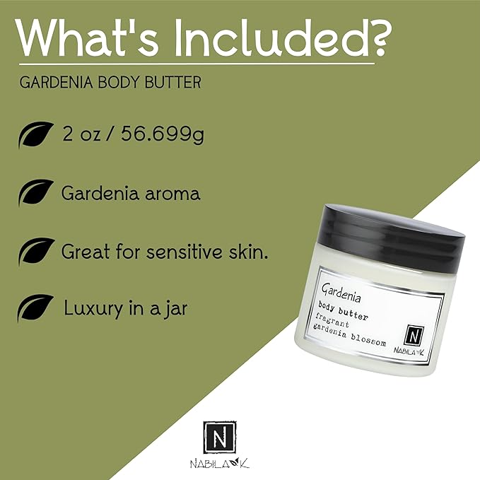 Nabila K Body Butter - Daily Moisturizer for Body Care - Skin Hydrating Deep Moisturizing - Natural Ingredients - Gardenia - 2 oz
