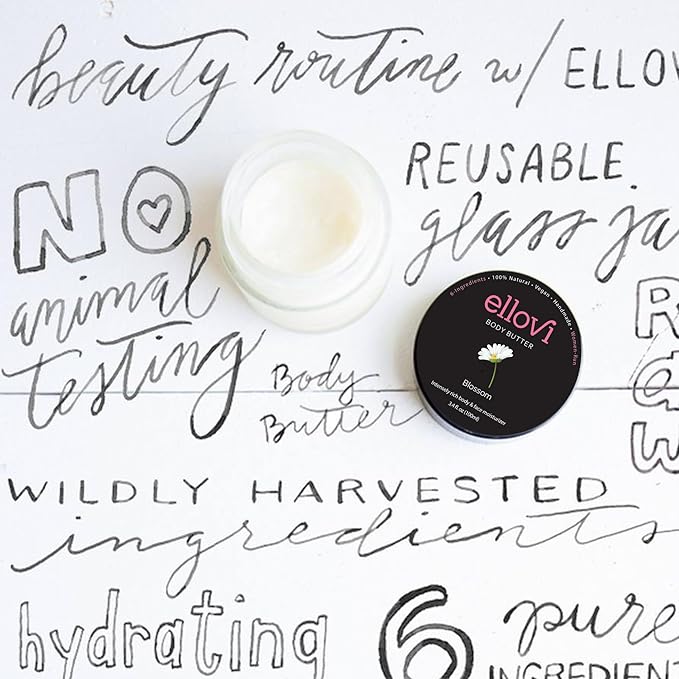Ellovi All-Natural Body Butter - Blossom - Pure Enough to Eat - Made With Just 6 Vegan Ingredients - Ultra-Rich 100% Plant-Based Hydrating Moisturizer For Naturally Healthy Skin (3.4 fl. oz/100ml)