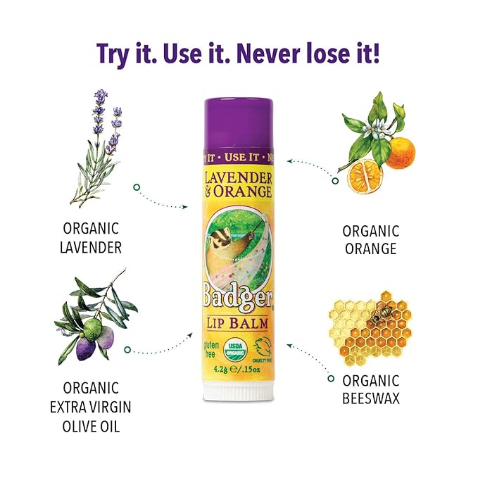 Badger - Classic Lip Balm, Lavender & Orange, Made with Organic Olive Oil, Beeswax & Rosemary, Certified Organic, Moisturizing Lip Balm, 0.15 oz
