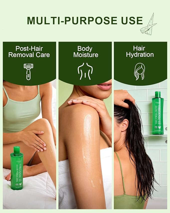 Yoken USDA Certified Organic Aloe Vera Gel 12oz, 99% Pure Aloe Vera Juice, Gel-to-Water Texture, Alcohol Free, No Added Fragrance, Face Body Hair Care, Cooling & Refreshing Summer Skincare