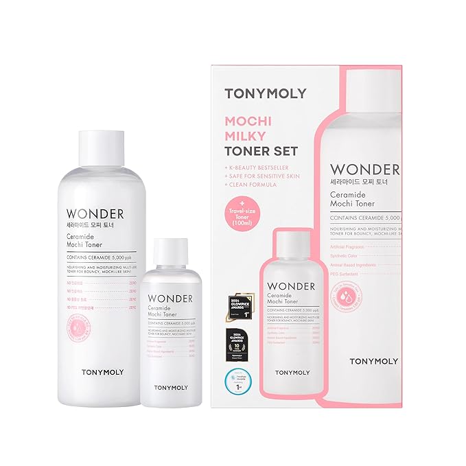 TONYMOLY Wonder Ceramide Mochi Milky Toner Set – Korean Hydrating Toner with Ceramides, Hyaluronic Acid & Cica – Barrier Repair, Glass Skin Hydration – Jumbo 500ml + 100ml Travel Size (Value Size Duo)