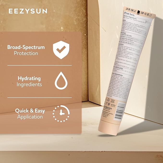 EEZYSUN BARE Tinted Sunscreen for Face SPF 50 - Non-Greasy, Weightless, Water-Resistant, Vegan & Reef-Safe Tinted Moisturizer with SPF, Hyaluronic Acid, Jojoba Oil - All Skin Types, 1.69 fl oz - Light