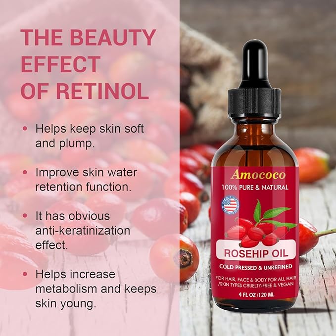 Organic Cold Pressed Rosehip Oil for Face, Natural Rose Hip Seed Oil, Nutrient Rich Facial Serum for Skin Care, Moisturize Dry Skin, 1 Fl Oz (30mL)