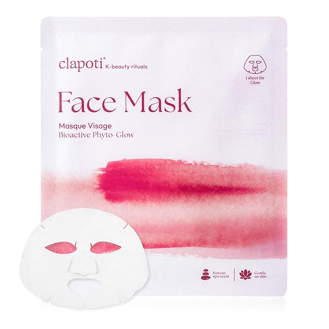 Bioactive Phyto-Glow Face Mask, 99% Natural Korean Sheet Mask for Instant Glass Skin & Hydration, Sheet Face Masks with Hibiscus, Peptides & Green Tea, No-Rinse & Gentle for Sensitive Skin