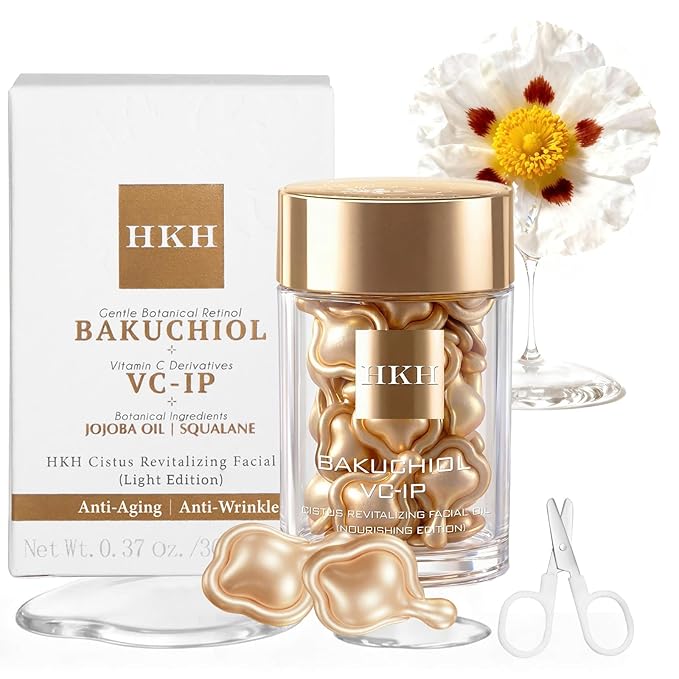 HKH Bakuchiol Retinol Serum For Face: 30 Caps Anti-Aging Serum for Sensitive Skin - SGS Tested to Reduce Wrinkles by 32.95% in 4 Weeks - 4 Plant-Based Vitamin A + Vitamin C - Travel-Friendly (Light)