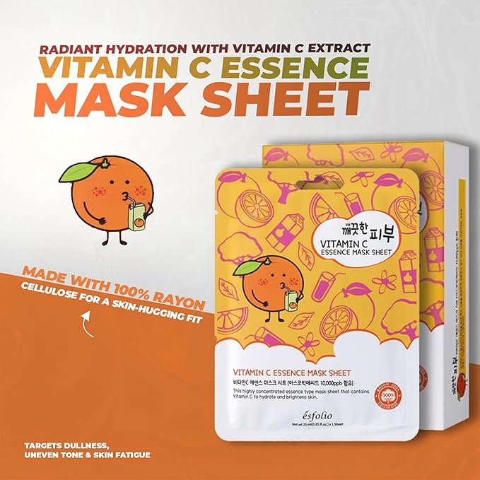esfolio Vitamin C Essence Mask Sheet – Hydrating Face Mask, Antioxidant-Rich Korean Skincare for Radiant & Glowing Skin, Deep Moisturizing Sheet Mask for All Skin Types (Pack of 10)