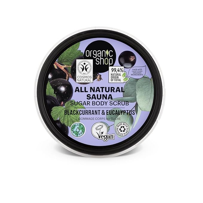 Organic Shop Eucalyptus & Blackcurrant, Sugar Softening & Exfoliating Body Scrub, 100% Vegan & Organic, Daily Exfoliant, Detox & Moisturizer, Body Intensive Care & Skin Toning. 250ml.
