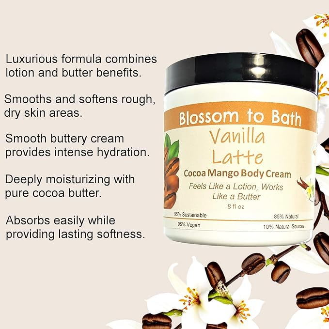 Blossom to Bath Vanilla Latte Cocoa Mango Body Cream (8 Ounce) - Phthalate Free Fragrance - Feels Like A Lotion And Works Like A Butter with a Deep Vanilla Scent
