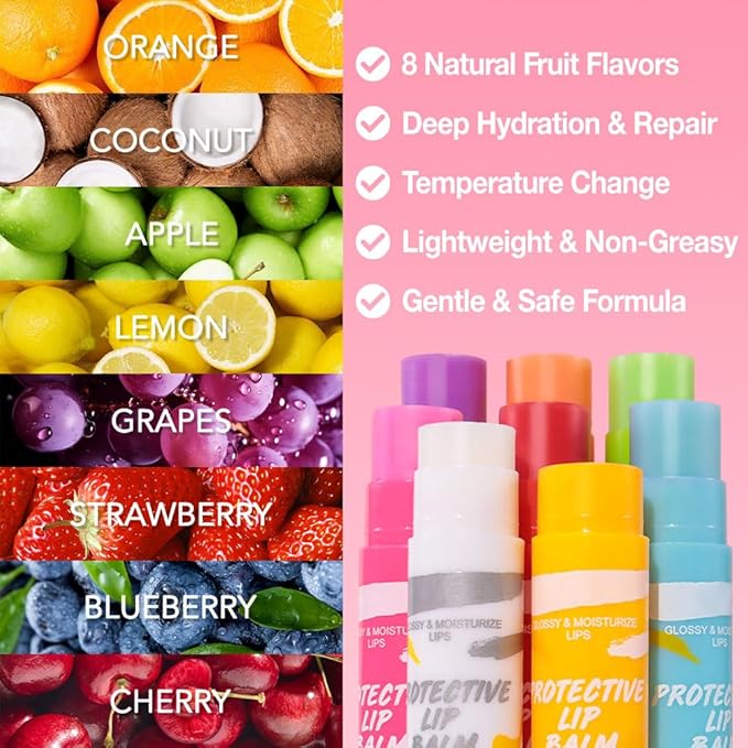 BINGBRUSH 8PCS Color Changing Lipstick Set, Moisturizing Long Lasting Waterproof Lipstick, Fruit Flavor Lip Tint Gloss, Hydrating Lip Color for Women