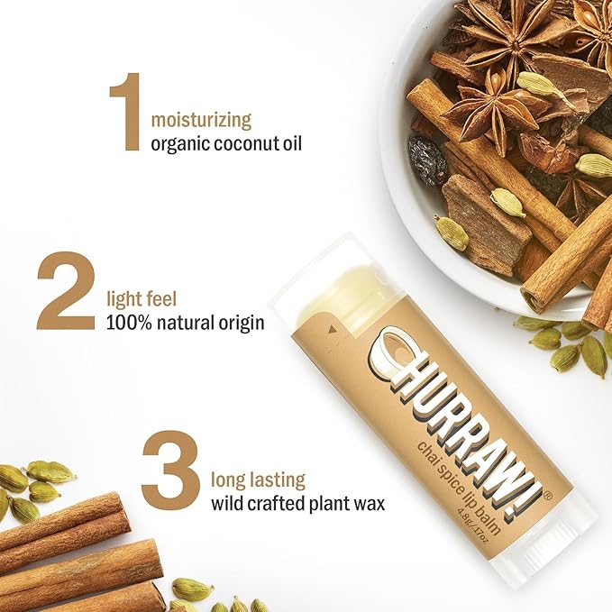 Hurraw! Chai Spice Lip Balm: Organic, Certified Vegan, Cruelty and Gluten Free. Non-GMO, 100% Natural Ingredients. Bee, Shea, Soy and Palm Free. Made in USA
