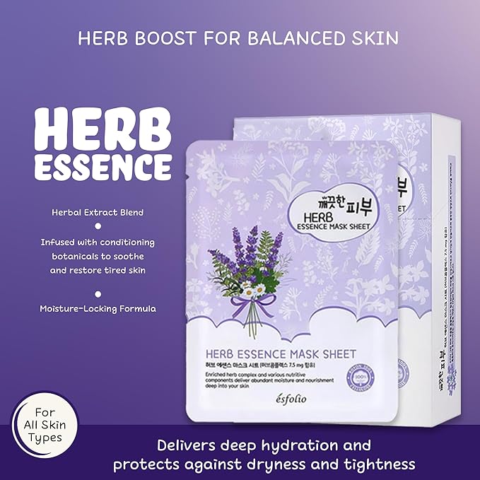 esfolio Herb Essence Face Mask – Hydrating & Nourishing Sheet Masks, Herbal Extract-Infused Skincare, Soothing & Moisturizing Facial Masks for All Skin Types (Pack of 10)