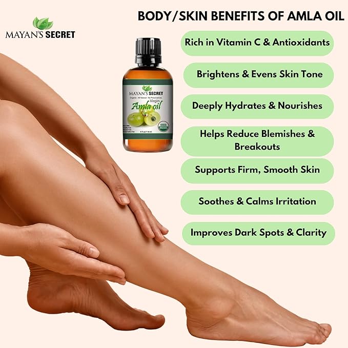 Mayan’s Secret Organic Amla Oil for Hair & Scalp – Cold Pressed Indian Gooseberry Oil, USDA Certified Organic, Unrefined, Natural Conditioning Oil for Shine & Moisture – 4 oz Amber Glass Bottle