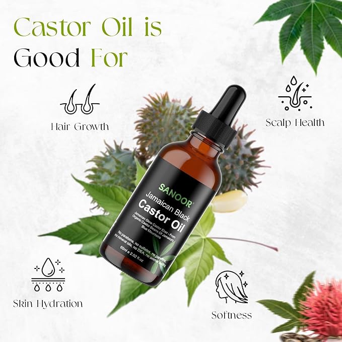 SANOOR Jamaican Glow Castor Elixir Oil | 100% Pure and Natural - Premium Grade Leave In Oil for Hair Growth, Eyelashes and Eyebrows| Infused with Nutrients Pure Hair Butter | Cold-pressed | 60ml