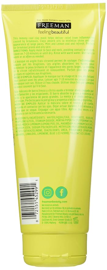 Freeman Oil Absorbing Mint & Lemon Clay Mask, Facial Mask, Skincare, 6 fl oz tube/175 mL