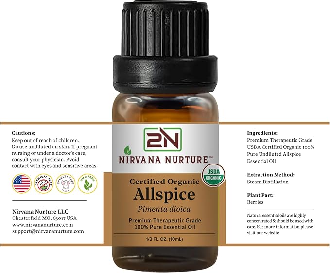 Allspice Essential Oil, USDA Certified Organic, 100% Pure Undiluted, Aromatherapy Oil for Diffuser, Hair & Skin Care