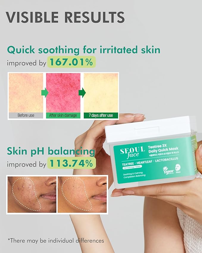DERMAL Seoul Face Tea Tree & Heartleaf 5-Min Daily Sheet Mask 36 Count Bulk, Korean Calming Pull-Out Dispenser with Tweezers, Lactobacillus Oil Control Face Mask for Redness Oily Acne-Prone Skin