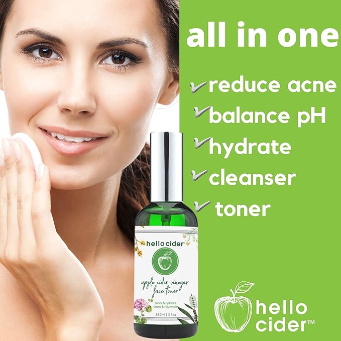 Apple Cider Vinegar Toner - Witch Hazel,Tea Tree,Rose Geranium,Lavender, Chamomile. NO Oils. Tone, Reduce Blemish, Clear Pores & Acne, 3oz. USA Made/Hello Cider