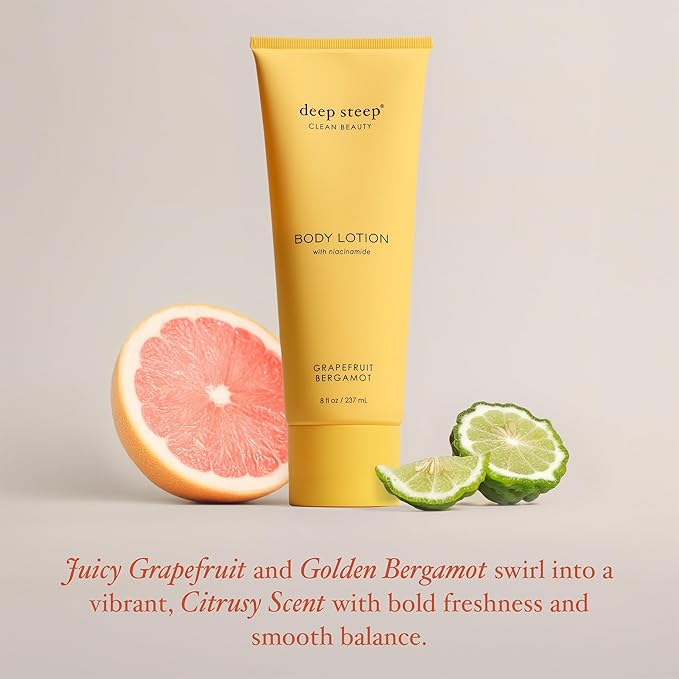 Deep Steep Body Lotion, Grapefruit Bergamot, 8 oz – Moisturizer with Coconut Oil, Shea Butter, Argan Oil, Aloe Vera & Niacinamide – Vegan, Clean Beauty, Daily Skin Hydration