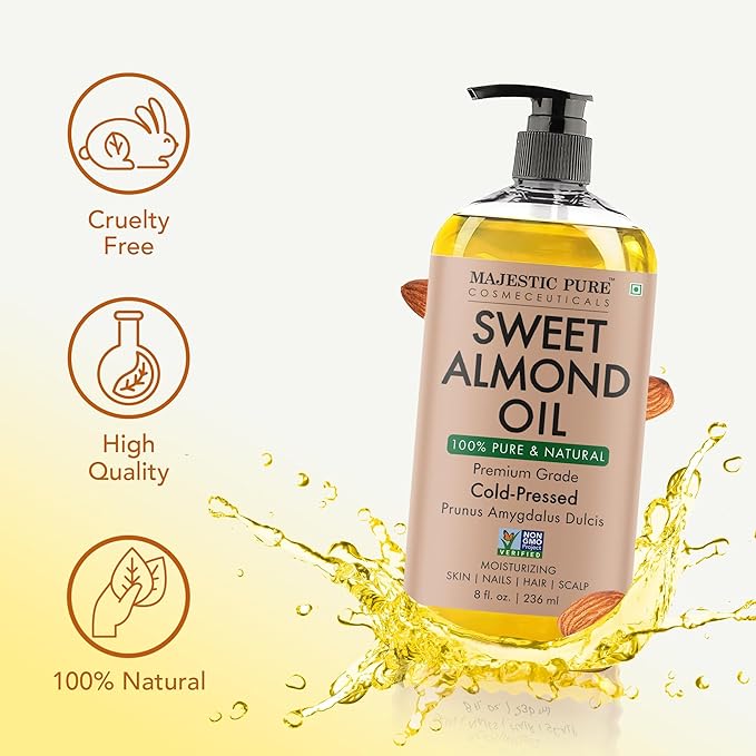Majestic Pure Sweet Almond Oil 8 Fl Oz - 100% Pure and Natural- Cold Pressed & Hexane Free Natural Hair Growth Oil for Eyelashes, Eyebrows, Skin, Body, Face, Nails & Scalp