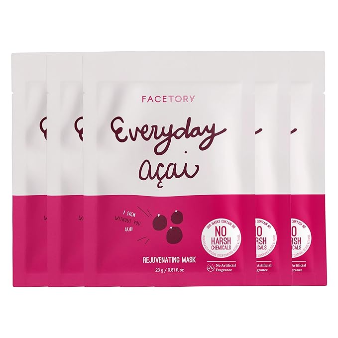 FACETORY K Beauty Face Mask Skin Care - Everyday ACAI Rejuvenating Sheet Mask | Plant-Based with Acai Infusion (5 Pack)