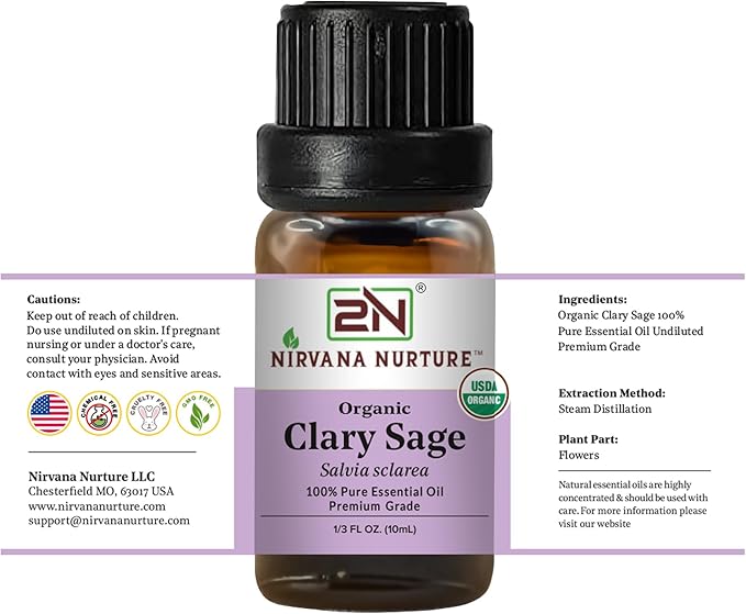 Clary Sage Essential Oil, USDA Certified Organic, 100% Pure Undiluted, Aromatherapy Oil for Diffuser, Hair & Skin Care