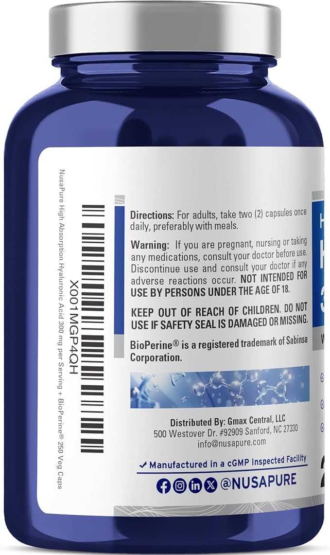 NusaPure Hyaluronic Acid 300mg 250 Veggie Capsules (Non-GMO, Vegan)