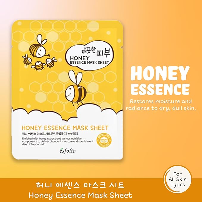 esfolio Honey Essence Face Mask – Hydrating & Nourishing Sheet Mask for Dry, Dull, Sensitive Skin – Moisturizing Face Treatment with Natural Honey Extract (Pack of 10)
