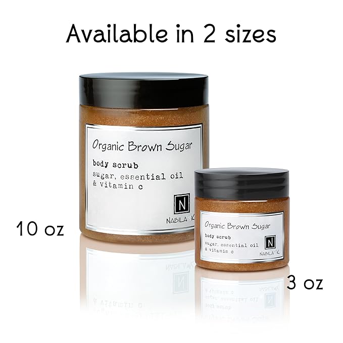 Organic Brown Sugar Body Scrub Made in USA with Essential Oil and Vitamin C by Nabila K - Exfoliate and Moisturize for Smooth Skin - Luxury for Women & Men, 10 oz