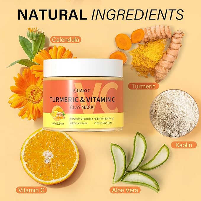 RIHAKO Valentine 's Day Gift for Women Turmeric Vitamin C Clay Mask Skincare| Deep Cleansing Facial Clay Mask for Dark Spots, Dull Skin, Refining Pores and Controlling Oil,Dark Spot Remover for Face