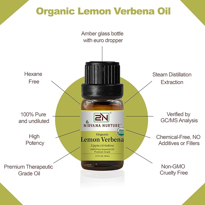 Lemon Verbena Essential Oil, USDA Certified Organic, 100% Pure Undiluted, Aromatherapy Oil for Diffuser, Hair & Skin Care