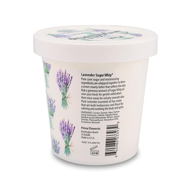 Primal Elements Sugar Scrub, Exfoliating Sugar Whip, Face and Body Cleanser, Moisturizer, Lavender, 10 oz Package