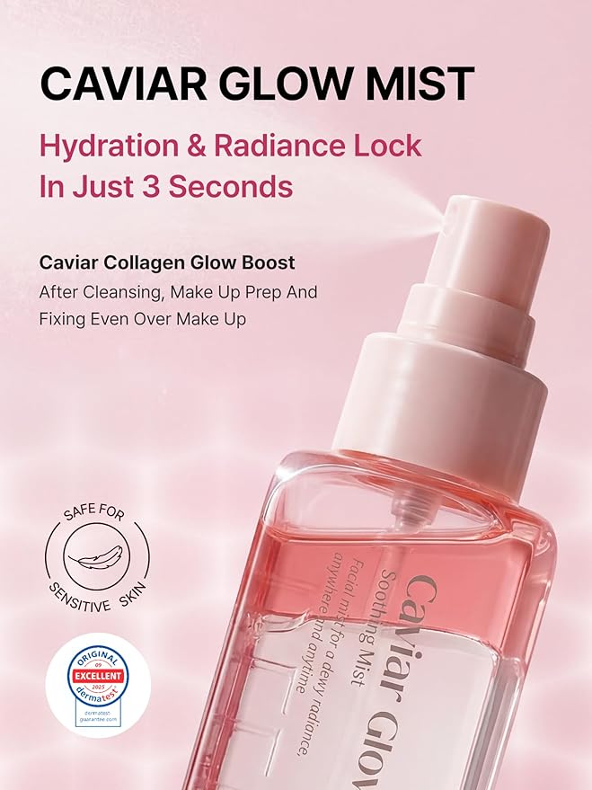 Delere Caviar Glow Soothing Mist | Korean Glass Skin Spray Serum with 5% Caviar & Squalane - Instant 3-Second Radiance & Makeup Setting – Anti-Aging Collagen Booster for Sensitive Skin, 3.4oz
