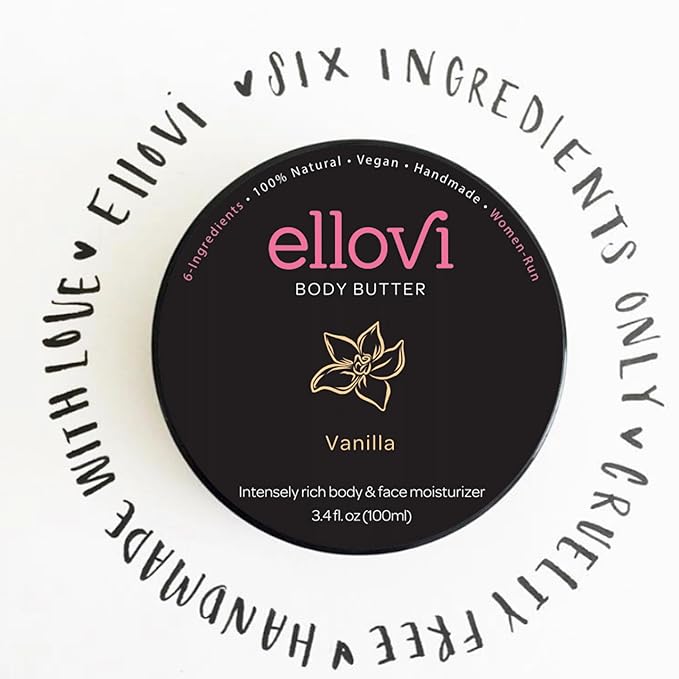 Ellovi All-Natural Body Butter - Vanilla - Pure Enough to Eat - Made With Just 6 Vegan Ingredients - Ultra-Rich 100% Plant-Based Hydrating Moisturizer For Naturally Healthy Skin (3.4 fl. oz/100ml)