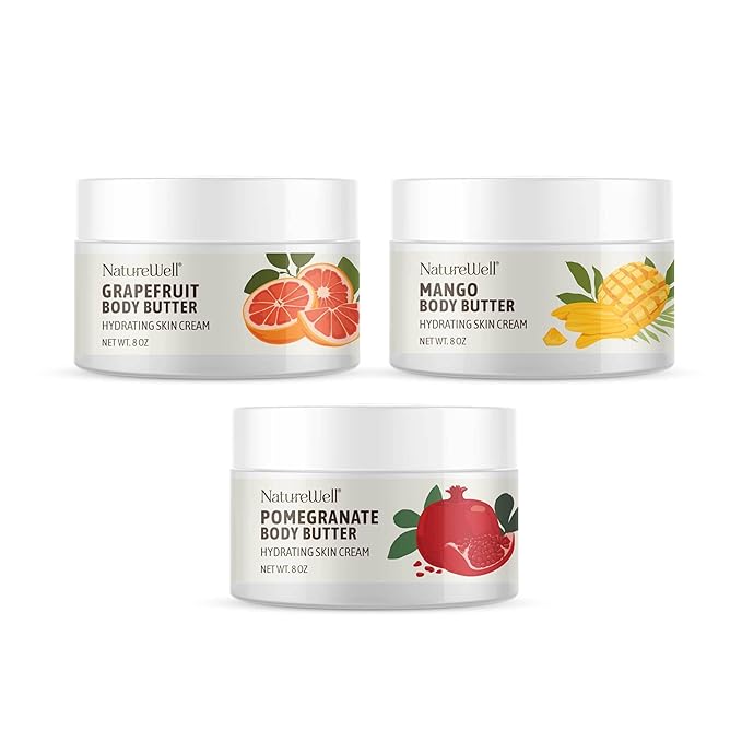 NATURE WELL Shea Body Butter Variety Pack, Includes Grapefruit, Mango, & Pomegranate, Provides Ultimate Nourishment & Hydration, 3 Pack (8 Oz Ea)