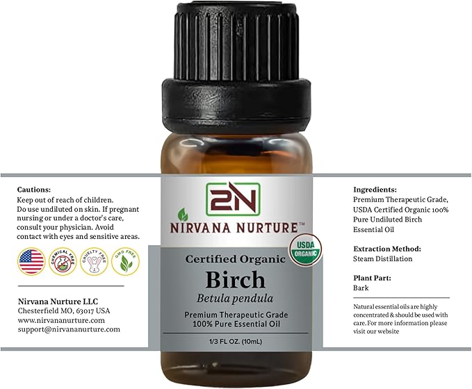 Birch Essential Oil, USDA Certified Organic, 100% Pure Undiluted, Aromatherapy Oil for Diffuser, Hair & Skin Care