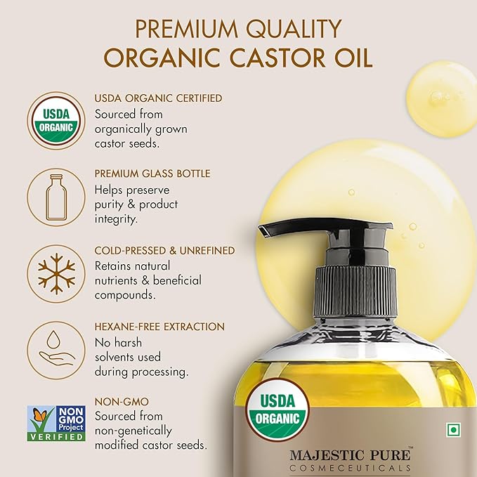 Majestic Pure Organic Castor Oil 8 Fl Oz with Reusable Wraps- 100% Pure and Natural- Cold Pressed & Hexane Free Natural Hair Growth Oil for Eyelashes, Eyebrows, Skin, Body, Face, Nails & Scalp