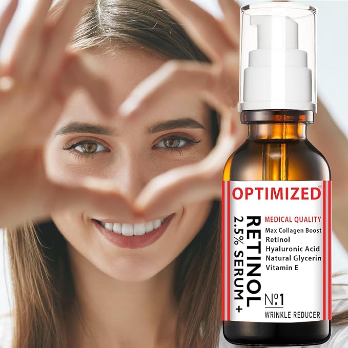 Retinol Serum 2.5% with Hyaluronic Acid, Glycerin, Vitamin E - Reduce Wrinkles, Fine Lines, Even Skin Tone, Sun Spots, Age Spots - Boost Collagen Production 1 fl oz - OPTIMIZED LAB Guaranteed