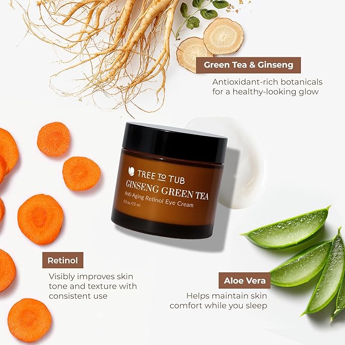Tree To Tub Retinol Under Eye Cream for Dark Circles, Puffiness, Wrinkles, Bags Under Eyes - Sensitive Skin Night Eye Moisturizer for Women & Men w/Hyaluronic Acid, Organic Green Tea, Natural Ginseng