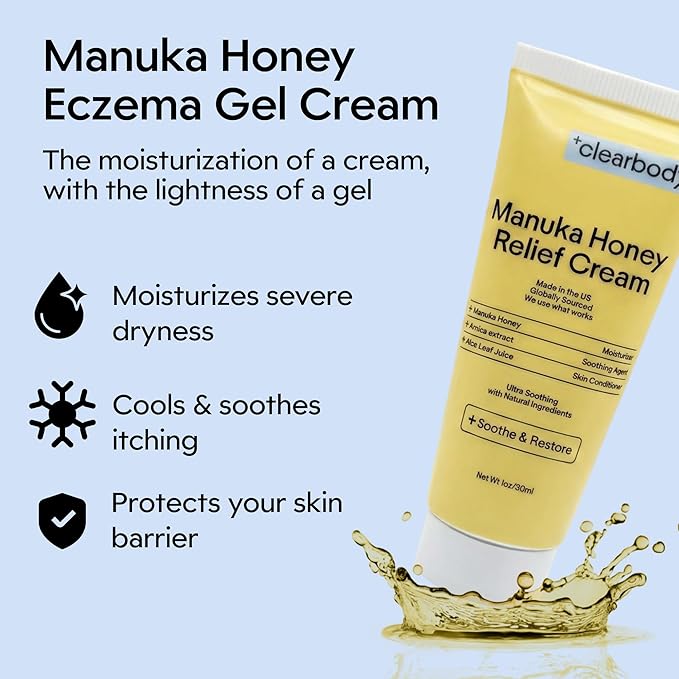 Clearbody Organics Manuka Honey Cream for Eczema & Dry Skin - Manuka Honey Ointment - Colloidal Oatmeal, Aloe & Natural Ingredients - Fast Relief Lotion for Reactive Skin - No Greasy Residue - 1 oz