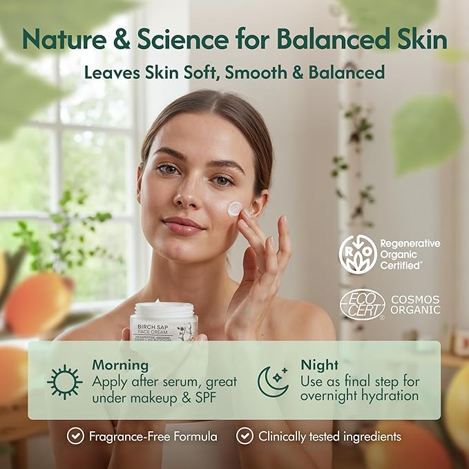 Birch Sap Face Cream – Peptides, CoQ10, Arginine and sea buckthorn; fragrance-free; made in Finland - COSMOS Organic Certified sensitive-skin formula 50 ml (1.69 oz)
