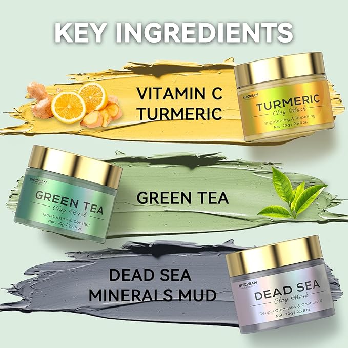 Hicream Turmeric Clay Mask, Green Tea, Dead Sea Minerals Mud Mask, Spa Facial Mask 3-Piece Set for Deep Cleansing, Moisturizing and Refining Pores, Vegan & Cruelty-Free, 7.5 fl.oz