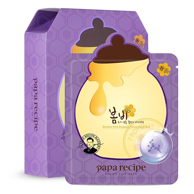Papa Recipe Bombee Pore Honey Sheet Mask 10 Sheets – Sensitive Skin Friendly, Pore Clarifying & Excess Sebum Control for Smooth & Refined Look, Korean Skincare Face Mask for Dry & Dull Skin