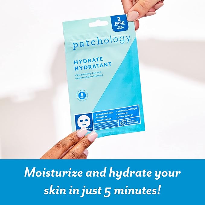 Patchology Hydrate FlashMasque Facial Sheet Mask with Hyaluronic Acid – Face Mask Skincare Sheet for Men & Women to Moisturize & Hydrate Skin in 5 Minutes – Facial Sheet Moisturizer (2 Count)