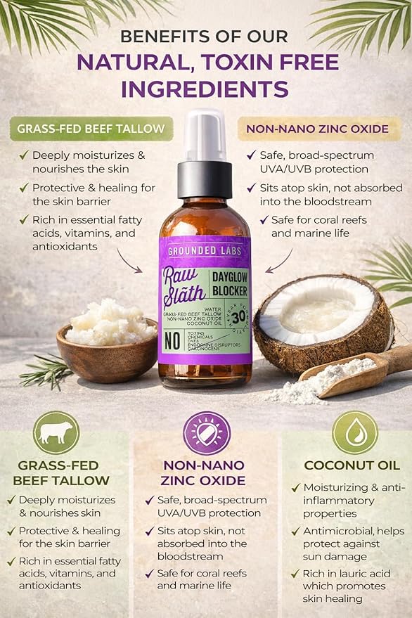 GROUNDED LABS Beef Tallow and Zinc Oxide Chemical-Free Sunscreen with 100% Grass-Fed Beef Tallow, Reef-Safe Non-Nano Zinc Oxide & Coconut Oil Mineral Sunblock SPF 30